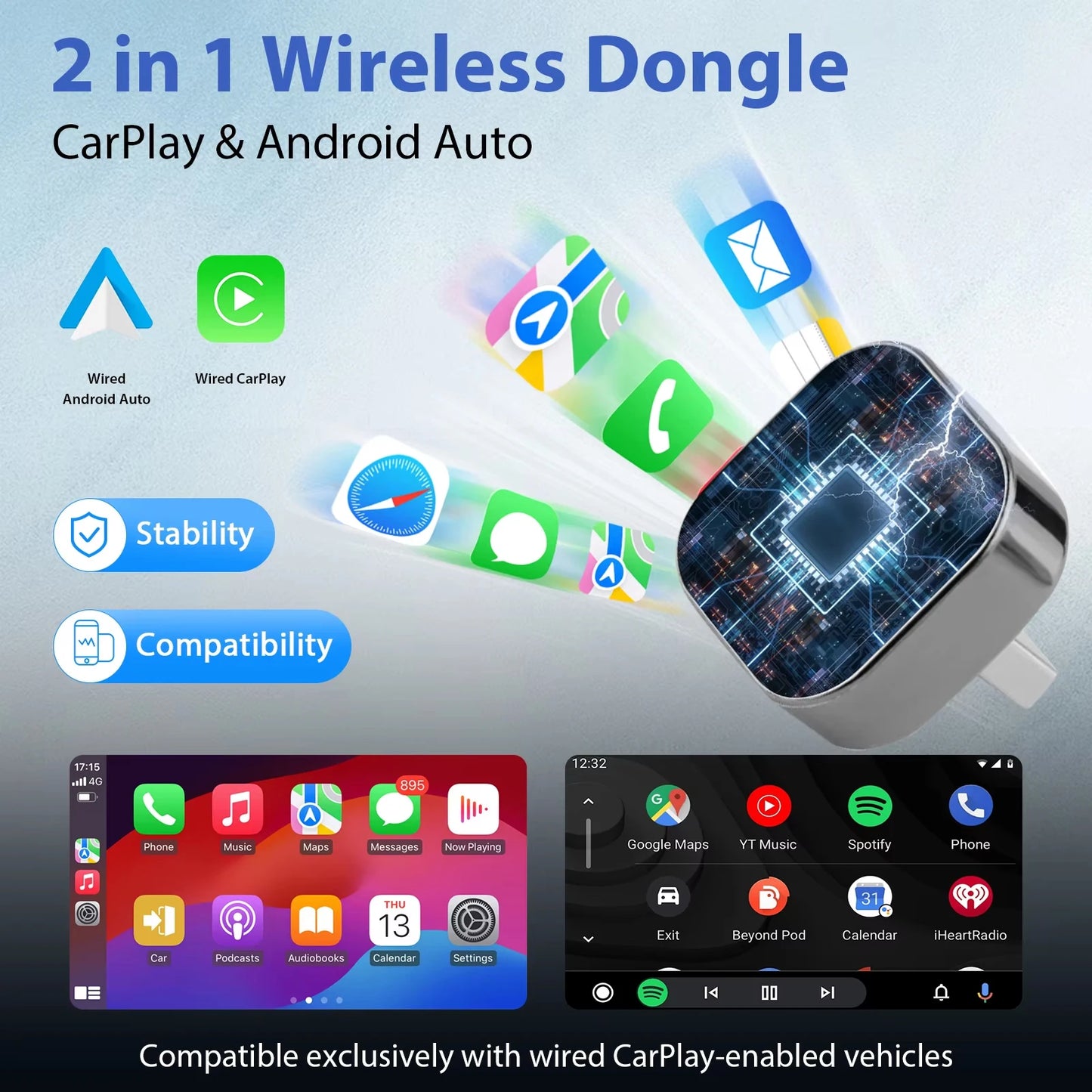 XUDA 2in1 Wireless CarPlay Adapter Android Auto AI Smart Box Car Intelligent Systems For VW Toyota Nissan Honda Ford Benz
